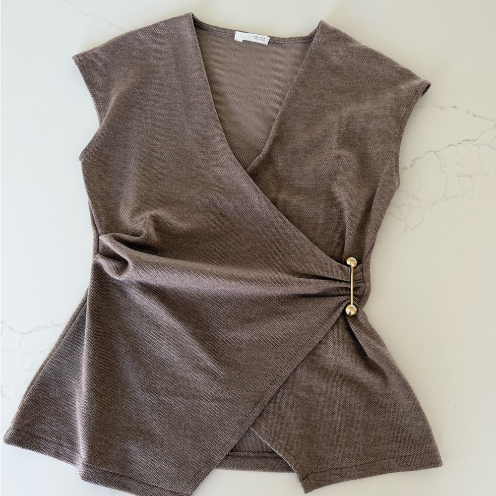Zara Brown Wrap-Style Sleeveless Top with Gold Accent